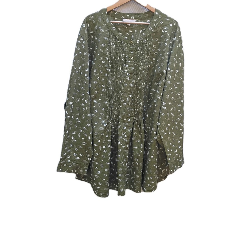 Woman Within Plus 5X Green White Floral Smock Blouse Cotton V-Neck Pockets